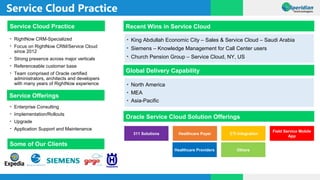 Service Cloud Practice
• Enterprise Consulting
• Implementation/Rollouts
• Upgrade
• Application Support and Maintenance
• RightNow CRM-Specialized
• Focus on RightNow CRM/Service Cloud
since 2012
• Strong presence across major verticals
• Referenceable customer base
• Team comprised of Oracle certified
administrators, architects and developers
with many years of RightNow experience
Service Cloud Practice
311 Solutions Healthcare Payer CTI Integration
Field Service Mobile
App
Healthcare Providers Others
• King Abdullah Economic City – Sales & Service Cloud – Saudi Arabia
• Siemens – Knowledge Management for Call Center users
• Church Pension Group – Service Cloud, NY, US
Recent Wins in Service Cloud
Service Offerings
Global Delivery Capability
Oracle Service Cloud Solution Offerings
Some of Our Clients
• North America
• MEA
• Asia-Pacific
 