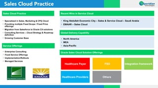 Sales Cloud Practice
• Enterprise Consulting
• Fixed Service Offerings
• Implementation/Rollouts
• Managed Services
• Specialized in Sales, Marketing & CPQ Cloud
• Providing multiple Fixed Scope / Fixed Price
offerings
• Migration from Salesforce to Oracle CX solutions
• Consulting Services – Cloud Strategy & Roadmap
definition
• Growing Customer Base
Sales Cloud Practice
Healthcare Payer FSO Integration framework
Healthcare Providers Others
• King Abdullah Economic City – Sales & Service Cloud – Saudi Arabia
• EMAAR – Sales Cloud
Recent Wins in Service Cloud
Service Offerings
Global Delivery Capability
Oracle Sales Cloud Solution Offerings
• North America
• MEA
• Asia-Pacific
 