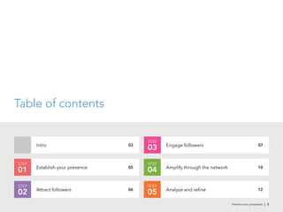 linkedin.com.companies | 2
Table of contents
Intro 03
Establish your presence
STEP
01 05
STEP
02 Attract followers 06
Engage followers 07
STEP
03
Amplify through the network 10
STEP
04
Analyze and refine
STEP
05 12
linkedin.com.companies | 2
 