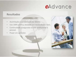 ResultadosAssimilação e consolidação do idioma.Uso 100% prático, baseado em necessidades reais.Continuidade assegurada na vida profissional e pessoal.Prazer em aprender.