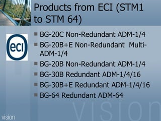 Products from ECI (STM1 to STM 64) BG-20C Non-Redundant ADM-1/4 BG-20B+E Non-Redundant  Multi-ADM-1/4 BG-20B Non-Redundant ADM-1/4 BG-30B Redundant ADM-1/4/16 BG-30B+E Redundant ADM-1/4/16 BG-64 Redundant ADM-64 