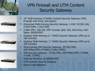 VPN Firewall and UTM Content Security Gateway 19" Multi-Homing (2*WAN) Content Security Gateway (VPN, Firewall, Anti-Virus, Anti-Spam) Enterprise Multi-Homing Security Gateway, 1-Port 10/100 LAN, 2-Port WAN, 1-Port DMZ  (1000 VPN / 200 SSL VPN Tunnels, QoS, IDS, Anti-Virus, Anti-Spam, 80GB/HDD) Desktop Multi-Homing (2 * WAN) Security Gateway (VPN up to 100 tunnels)  Desktop Multi-Homing ( 2 *WAN) Security Gateway (VPN up to 200 tunnels)  Multi-homing VPN Security Gateway, 50*SSL/VPN, 200*IPSec/VPN (2*WAN,1*LAN,1*DMZ) VPN Security Gateway - 5*SSL/VPN, 200*IPSec/VPN (1*WAN, 1*LAN, 1*DMZ) Internet Monitors, w/160GB HDD UTM Content Security Gateway  Server Load Balancer 