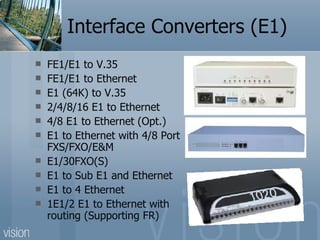 Interface Converters (E1) FE1/E1 to V.35 FE1/E1 to Ethernet E1 (64K) to V.35 2/4/8/16 E1 to Ethernet 4/8 E1 to Ethernet (Opt.) E1 to Ethernet with 4/8 Port FXS/FXO/E&M E1/30FXO(S) E1 to Sub E1 and Ethernet E1 to 4 Ethernet 1E1/2 E1 to Ethernet with routing (Supporting FR) 