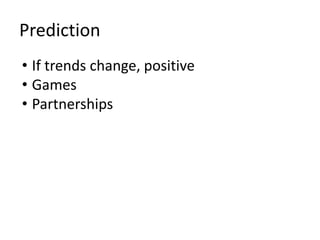 Prediction
• If trends change, positive
• Games
• Partnerships
 