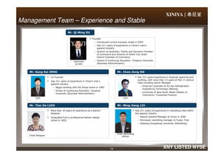 XINIYA | 希尼亚希尼亚希尼亚希尼亚
Management TeamManagement Team –– Experience and StableExperience and Stable
Founder
– Introduced current business model in 2005
– Has 23+ years of experience in China’s men’s
apparel industry
– Director at Quanzhou Textile and Garment Chamber
of Commerce and Director of Shishi City Hubin
District Chamber of Commerce
– School of Continuing Education, Tsinghua University
(Business Administration)
Co-Founder Has 15+ years experience in financial reporting and
auditing, with more than 13 years at PwC in various
Mr. Qi Ming XU
Chairman
& CEO
Mr. Kang Kai ZENG Mr. Chee Jiong NG
19 XNY LISTED NYSE
Has 14+ years of experience in China’s men’s
apparel industry
– Began working with the Xiniya brand in 1995
– School of Continuing Education, Tsinghua
University (Business Administration)
auditing, with more than 13 years at PwC in various
roles including Senior Manager
– Financial Controller at Air-Sys Refrigeration
Engineering Technology (Beijing)
– University of New South Wales (Master of
Commerce / Corporate Finance)
Has 15+ years of experience in marketing roles within
the apparel industry
– Deputy General Manager at Xiniya in 2006
– Previously marketing manager at Fujian Tries
– Zhejiang Gongshang University (Marketing)
More than 10 years of experience as a fashion
designer
Graduated from a professional fashion design
school in 2002
COO CFO
Mr. Tian De LIAO Mr. Ming Jiang LIU
Chief Designer
Chief Marketing
Officer
 