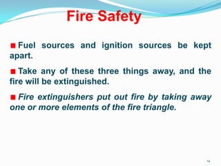 14
Fuel sources and ignition sources be kept
apart.
Take any of these three things away, and the
fire will be extinguished.
Fire extinguishers put out fire by taking away
one or more elements of the fire triangle.
Fire Safety
 