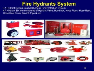 32
Fire Hydrants System
• A Hydrant System is a backbone of Fire Protection System.
• A Hydrant System comprises of Hydrant Valve, Hose box, Hose Pipes, Hose Reel,
Hose Reel Drum, Branch Pipe & etc.
 