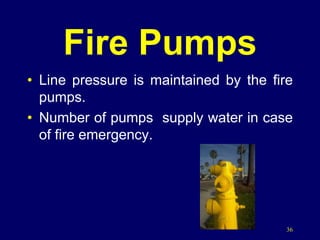 36
Fire Pumps
• Line pressure is maintained by the fire
pumps.
• Number of pumps supply water in case
of fire emergency.
 