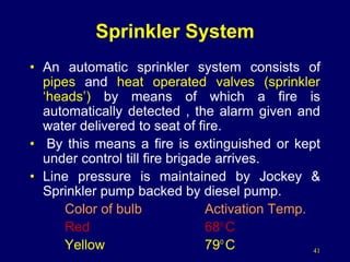 41
Sprinkler System
• An automatic sprinkler system consists of
pipes and heat operated valves (sprinkler
„heads‟) by means of which a fire is
automatically detected , the alarm given and
water delivered to seat of fire.
• By this means a fire is extinguished or kept
under control till fire brigade arrives.
• Line pressure is maintained by Jockey &
Sprinkler pump backed by diesel pump.
Color of bulb Activation Temp.
Red 680
C
Yellow 790
C
 