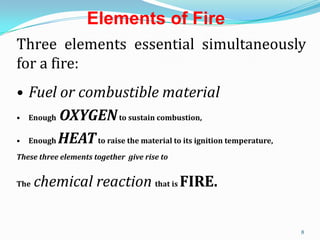 8
Elements of Fire
Three elements essential simultaneously
for a fire:
• Fuel or combustible material
• Enough OXYGENto sustain combustion,
• Enough HEATto raise the material to its ignition temperature,
These three elements together give rise to
The chemical reaction that is FIRE.
 
