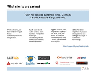 What clients are saying?
Pykih has satisﬁed customers in US, Germany, !
Canada, Australia, Kenya and India.

Over-delivered, on
time and on budget.
Great
communication and
end product.

Pykih seeks most
viable options from
business perspective
by always
considering what’s
best for our current
and future needs.

If pykih bids on your
project and say they
can do it, then you
would be crazy to
choose anybody else.
Can not recommend
more highly.

Pykih has deep
expertise in product
management and
enterprise design of
dashboard
technology.

http://www.pykih.com/testimonials

 