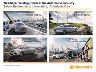 We Shape the Megatrends in the Automotive Industry:
Safety, Environment, Information, Affordable Cars

                                     Doing more.                   Doing more.
                                     For safe mobility.            For clean power.




                                 Doing more.                Doing more.
                                 For intelligent driving.   For global mobility.




Continental Automotive Romania
 