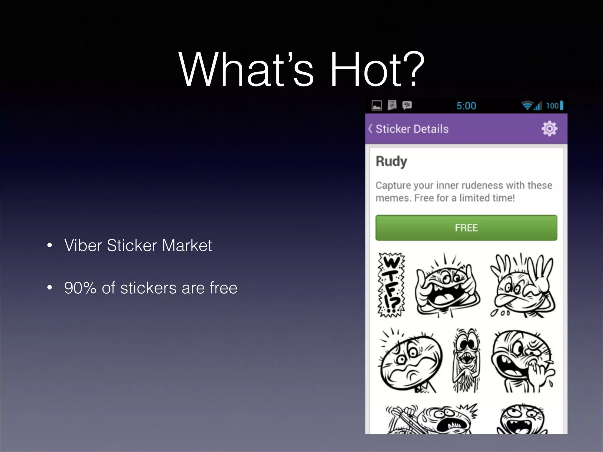 What’s Hot?
• Viber Sticker Market
• 90% of stickers are free
 