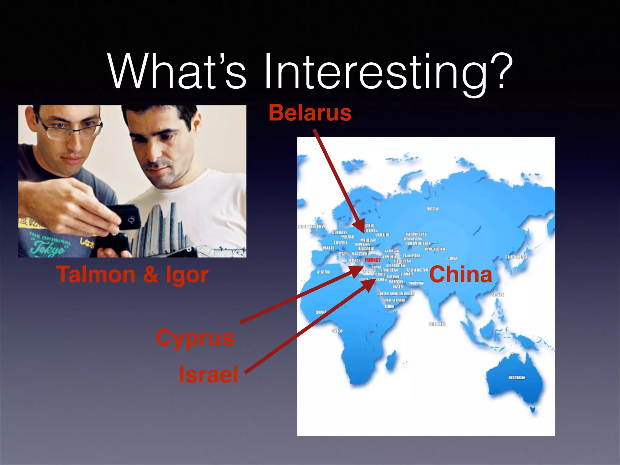 What’s Interesting?
Cyprus
Israel
China
Belarus
Talmon & Igor
 