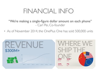 FINANCIAL INFO
“We’re making a single-figure dollar amount on each phone”
- Carl Pei, Co-founder
• As of November 2014, the OnePlus One has sold 500,000 units