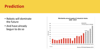 • Robots	will	dominate	
the	future
• And	have	already	
begun	to	do	so
Prediction
 