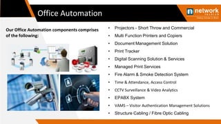 Office Automation
• Projectors - Short Throw and Commercial
• Multi Function Printers and Copiers
• Document Management Solution
• Print Tracker
• Digital Scanning Solution & Services
• Managed Print Services
• Fire Alarm & Smoke Detection System
• Time & Attendance, Access Control
• CCTV Surveillance & Video Analytics
• EPABX System
• VAMS – Visitor Authentication Management Solutions
• Structure Cabling / Fibre Optic Cabling
Our Office Automation components comprises
of the following:
 
