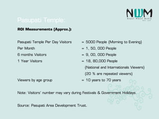 Pasupati Temple:
ROI Measurements (Approx.):
Pasupati Temple Per Day Visitors = 5000 People {Morning to Evening}
Per Month = 1, 50, 000 People
6 months Visitors = 9, 00, 000 People
1 Year Visitors = 18, 80,000 People
{National and Internationals Viewers}
{20 % are repeated viewers}
Viewers by age group = 10 years to 70 years
Note: Visitors’ number may vary during Festivals & Government Holidays.
Source: Pasupati Area Development Trust.
 
