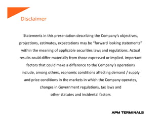 Disclaimer


  Statements in this presentation describing the Company’s objectives,
projections, estimates, expectations may be “forward looking statements”
 within the meaning of applicable securities laws and regulations. Actual
results could differ materially from those expressed or implied. Important
    factors that could make a difference to the Company’s operations
 include, among others, economic conditions affecting demand / supply
  and price conditions in the markets in which the Company operates,              
            changes in Government regulations, tax laws and
             h      i G         t     l ti     t l        d
                  other statutes and incidental factors
 