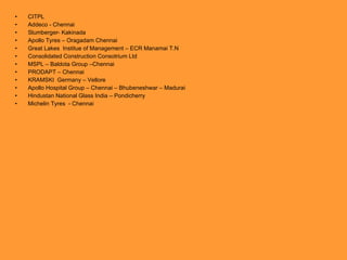 CITPL Addeco - Chennai Slumberger- Kakinada  Apollo Tyres – Oragadam Chennai Great Lakes  Institue of Management – ECR Manamai T.N Consolidated Construction Consotrium Ltd MSPL – Baldota Group –Chennai PRODAPT – Chennai KRAMSKI  Germany – Vellore Apollo Hospital Group – Chennai – Bhubeneshwar – Madurai Hindustan National Glass India – Pondicherry Michelin Tyres  - Chennai 