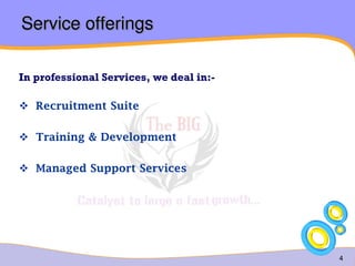 4 
Service offerings 
In professional Services, we deal in:- 
 Recruitment Suite 
 Training & Development 
 Managed Support Services 
 