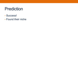 Prediction
• Success!
• Found their niche
 