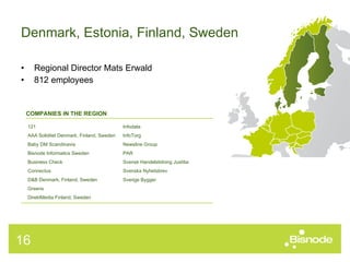 Regional Director Mats Erwald 812 employees Denmark, Estonia, Finland, Sweden COMPANIES IN THE REGION 121 AAA Soliditet Denmark, Finland, Sweden  Baby DM Scandinavia Bisnode Informatics Sweden Business Check Connectus D&B Denmark, Finland, Sweden Greens DirektMedia Finland, Sweden  Infodata  InfoTorg Newsline Group PAR  Svensk Handelstidning Justitia Svenska Nyhetsbrev Sverige Bygger 