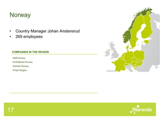 Norway Country Manager Johan Anstensrud 269 employees COMPANIES IN THE REGION D&B Norway DirektMedia Norway Soliditet Norway Norge Bygges 