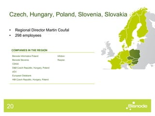 Regional Director Martin Coufal 298 employees Czech, Hungary, Poland, Slovenia, Slovakia COMPANIES IN THE REGION Bisnode Informatics Poland Bisnode Slovenia CEKIA D&B Czech Republic, Hungary, Poland eGV European Databank HBI Czech Republic, Hungary, Poland Infobon Razpisi 