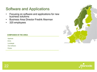 Focusing on software and applications for new business solutions Business Area Director Fredrik Åkerman 325 employees Software and Applications COMPANIES IN THE AREA Applicate Emric Lundalogik One Software Pointer 