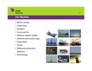·6


Our Markets
 Market Marine & Offshore

 Marine vessels
 Cargo ships
 Dredgers
 Luxury yachts
 Offshore support vessels
 Offshore construction ships
 Cruise ships
 Ferries
 Drilling and production
 platforms
 Wind Energy
 