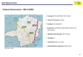 New Opportunities


 Federal Government – BR-116/MG


                                     Coverage: 817 km (BR-393 RJ – BR-116 BA)


                                     Terms of Concession: 25 years


                                     Conditions: the lowest tariff


                                     Investments: about R$ 3,55 billion (R$ 870 million in the
                                      first five years)


                                     Operation Costs (25 years): R$ 1,73 billion


                                     Toll Plazas: 8


                                     Toll Tariff: R$ 4.80 per 100 Km


                                     Estimated Revenue (25 years): R$ 8,51 billion
   Source: ANTT - Jan/2007




                                                                                                  23
 