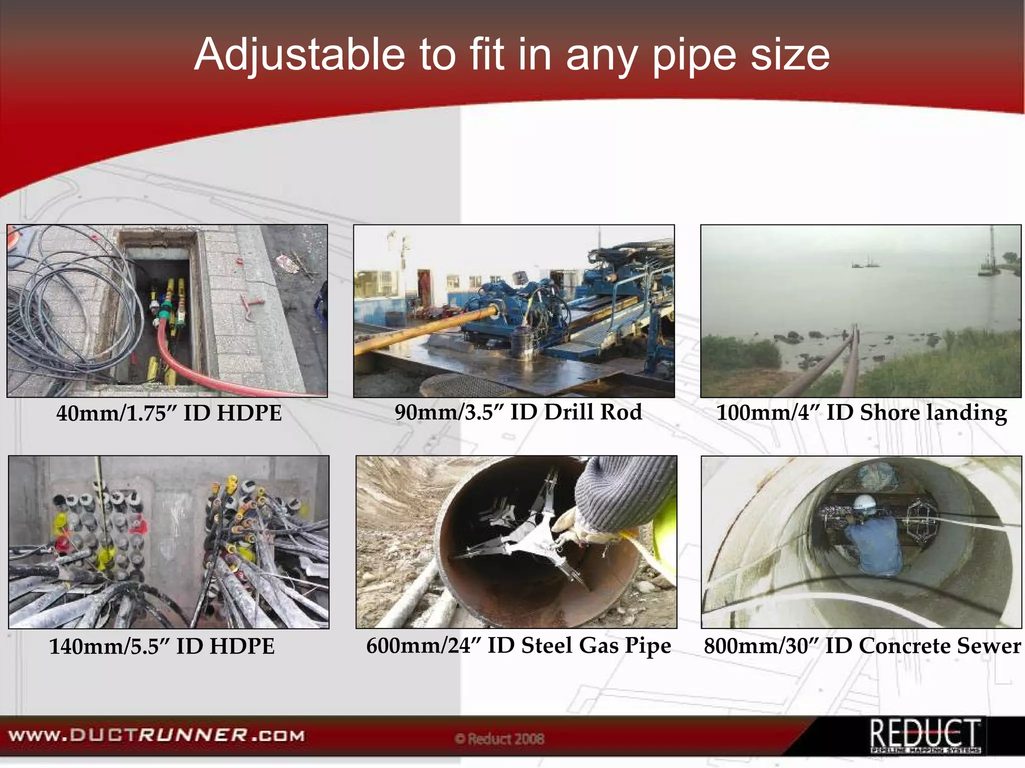 Adjustable to fit in any pipe size




40mm/1.75” ID HDPE     90mm/3.5” ID Drill Rod       100mm/4” ID Shore landing




140mm/5.5” ID HDPE   600mm/24” ID Steel Gas Pipe   800mm/30” ID Concrete Sewer
 