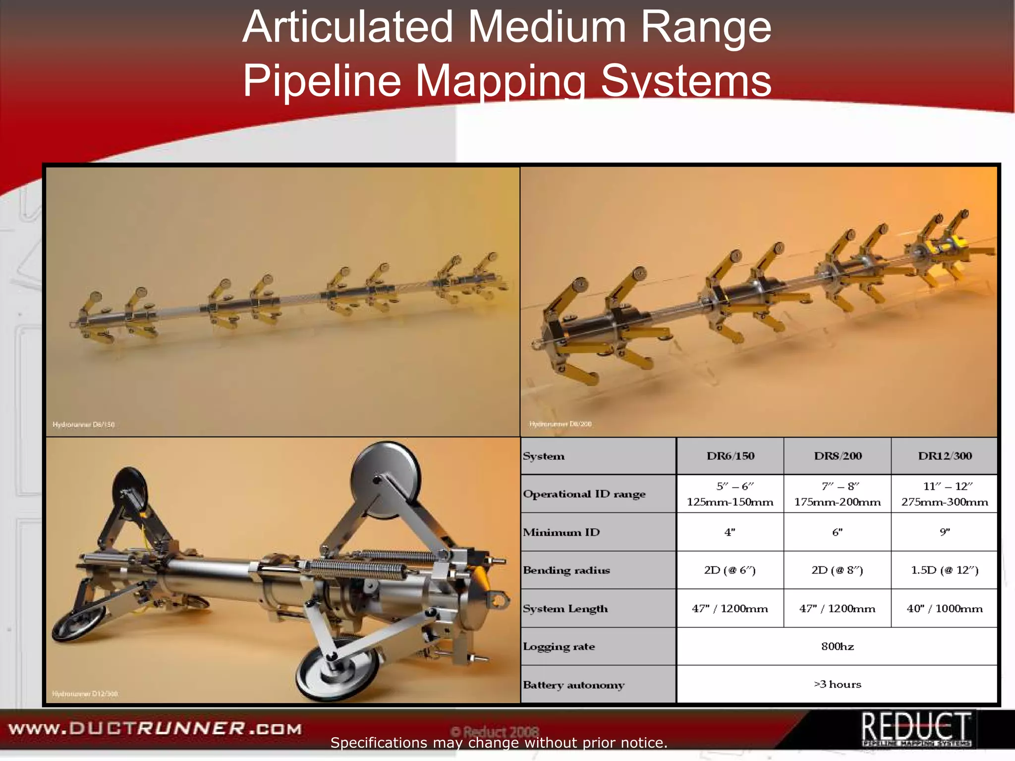Articulated Medium Range
Pipeline Mapping Systems




   Specifications may change without prior notice.
 