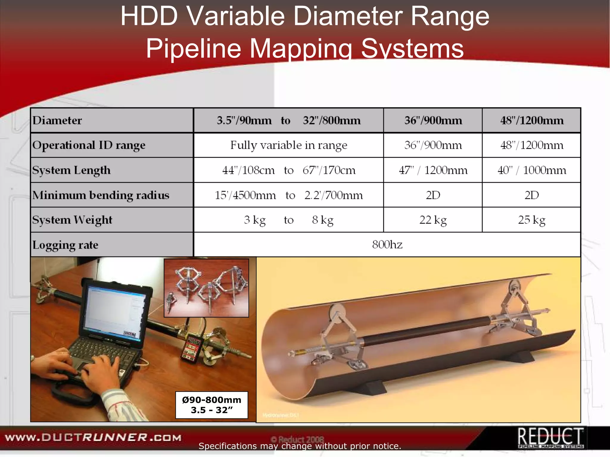 HDD Variable Diameter Range
 Pipeline Mapping Systems




    Ø90-800mm
     3.5 - 32”



      Specifications may change without prior notice.
 