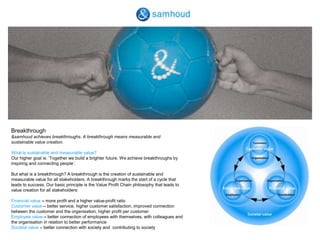 Breakthrough&samhoud achieves breakthroughs. A breakthrough means measurable and sustainable value creation. What is sustainable and measurable value?Our higher goal is: ‘Together we build a brighter future. We achieve breakthroughs by inspiring and connecting people’. But what is a breakthrough? A breakthrough is the creation of sustainable and measurable value for all stakeholders. A breakthrough marks the start of a cycle that leads to success. Our basic principle is the Value Profit Chain philosophy that leads to value creation for all stakeholders: Financial value – more profit and a higher value-profit ratioCustomer value – better service, higher customer satisfaction, improved connection between the customer and the organisation, higher profit per customer Employee value – better connection of employees with themselves, with colleagues and the organisation in relation to better performanceSocietal value – better connection with society and  contributing to society