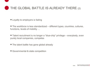 THE GLOBAL BATTLE IS ALREADY THERE  (2) Loyalty to employers is fading The workforce is less standardized – different types, countries, cultures, functions, levels of mobility … Talent recruitment is no longer a “blue-chip” privilege – everybody, even purely local companies, competes The talent battle has gone global already Governmental & state competition 