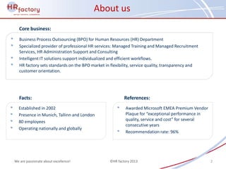 About us
  Core business:
   Business Process Outsourcing (BPO) for Human Resources (HR) Department
   Specialized provider of professional HR services: Managed Training and Managed Recruitment
   Services, HR Administration Support and Consulting
   Intelligent IT solutions support individualized and efficient workflows.
   HR factory sets standards on the BPO market in flexibility, service quality, transparency and
   customer orientation.




  Facts:                                                  References:
  Established in 2002                                      Awarded Microsoft EMEA Premium Vendor
  Presence in Munich, Tallinn and London                   Plaque for “exceptional performance in
  80 employees                                             quality, service and cost” for several
                                                           consecutive years
  Operating nationally and globally
                                                           Recommendation rate: 96%




We are passionate about excellence!               ©HR factory 2013                                  2
 