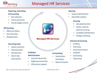 Managed HR Services
       Reporting, Controlling                                                                Opening
       & Accounting                                                                          •       Vacancy identification
       •   Key indicators                                                                    •       Job profile creation
       •   Invoice processes
                                                                                                       Sourcing
       •   Cost & budget control
                                                                                                       •   Job advertisement
                                                                                                       •   Classic, active &
Off-boarding
                                                                                                           external sourcing
•   Reference letters
                                                                                                       •   Candidate identification
•   Exit interviews
                                                                                                       •   College marketing
•   Outplacement
                                                 Managed HR Services
                                                                                                 Selection & Screening
       Recruiting tools                                                                          •     Profiling
       •   System solutions                                                                      •     Interviews
       •   Administration                                                                        •     Assessment Centre
       •   Maintenance             Employee                            On-boarding               •     ProfileXT
       •   Day-to-day              Administration                      •   Socialization         •     Contracting
           optimization            •      Contracts & permits              techniques            •     Talent Pool
                                   •      Digital personnel files      •   New Hire Events
                                   •      HR business support

    We are passionate about excellence!                         ©HR factory 2013                                               4
 