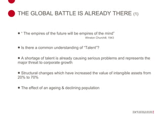 THE GLOBAL BATTLE IS ALREADY THERE  (1)   “  The empires of the future will be empires of the mind”    Winston Churchill, 1943 Is there a common understanding of “Talent”? A shortage of talent is already causing serious problems and represents the major threat to corporate growth Structural changes which have increased the value of intangible assets from 20% to 70% The effect of an ageing & declining population 