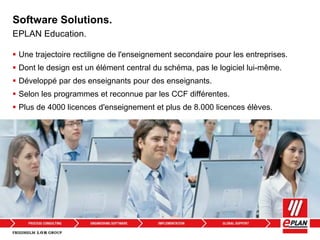 Software Solutions.
 Une trajectoire rectiligne de l'enseignement secondaire pour les entreprises.
 Dont le design est un élément central du schéma, pas le logiciel lui-même.
 Développé par des enseignants pour des enseignants.
 Selon les programmes et reconnue par les CCF différentes.
 Plus de 4000 licences d'enseignement et plus de 8.000 licences élèves.
EPLAN Education.
 
