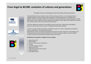 1
Tutti i Diritti Riservati
From Argol to BCUBE: evolution of cultures and generations
"The poplar Po were our starting point, with the activities of the wood industry»
The Argol Villanova Group, founded in Italy in 1952 by the Bonzano family, is an international leader in
integrated logistics services for Supply Chain Management. The Group operates on 2,700,000 sqm of
facilities, employs over 4,000 personnel and is present at over 80 operational sites around the globe, of which
50% abroad, in France, Belgium, Germany, Poland, Serbia, Bulgaria, Turkey, Egypt, Brazil, Argentina, Venezuela,
USA, Canada, Mexico, China, India and United Arab Emirates.
The Group, flexible and responsive to the different needs of each client, realizes tailor made logistics
projects in various sectors and is a partner of leading industrial groups worldwide.
In 2012, the merger of Argol and Villanova, enabled the creation of a unique, integrated and competitive
reality on a global scale - the Argol Villanova Group.
Argol Villanova, with its strong historical background and plans for further expansion, has developed a new
coordinated and innovative image with Oliviero Toscani and has decided to adopt a new name, BCUBE,
in order to express the modern and international vision of the Group.
BCUBE boasts strong skills in all logistic services including:
engineering and ICT
factory logistics
platform and warehouse management
air cargo
industrial packaging and CKD
equipment services
multimodal and heavy load transport
freight forwarding
value added services
 