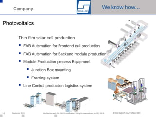 Company


Photovoltaics

            Thin film solar cell production
                FAB Automation for Frontend cell production

                FAB Automation for Backend module production

                Module Production process Equipment

                         Junction Box mounting

                         Framing system

                Line Control production logistics system




13   September 2010             Alle Rechte nach ISO 16016 vorbehalten / All rights reserved acc. to ISO 16016   © SCHILLER AUTOMATION
 