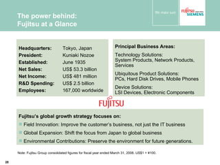The power behind: Fujitsu at a Glance Note: Fujitsu Group consolidated figures for fiscal year ended March 31, 2008. US$1 = ¥100. Principal Business Areas: Technology Solutions:  System Products, Network Products, Services  Ubiquitous Product Solutions:  PCs, Hard Disk Drives, Mobile Phones Device Solutions:  LSI Devices, Electronic Components Headquarters:  Tokyo, Japan President:  Kuniaki Nozoe Established:  June 1935 Net Sales:  US$ 53.3 billion Net Income:  US$ 481 million R&D Spending:  US$ 2.5 billion Employees:  167,000 worldwide Fujitsu’s global growth strategy focuses on: Field Innovation: Improve the customer’s business, not just the IT business Global Expansion: Shift the focus from Japan to global business Environmental Contributions: Preserve the environment for future generations. 
