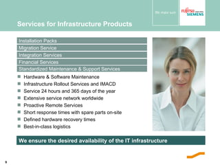 Services for Infrastructure Products Hardware & Software Maintenance  Infrastructure Rollout Services and IMACD Service 24 hours and 365 days of the year Extensive service network worldwide  Proactive Remote Services  Short response times with spare parts on-site Defined hardware recovery times Best-in-class logistics We ensure the desired availability of the IT infrastructure Standardized Maintenance & Support Services Installation Packs Financial Services Migration Service Integration Services 