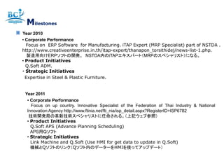Milestones
Year 2010
• Corporate Performance
  Focus on ERP Software for Manufacturing. iTAP Expert (MRP Specialist) part of NSTDA .
http://www.creativeenterprise.in.th/itap-expert/thanapon_torsithidej/news-list-1.php.
   製造用向けERPソフトの開発。 NSTDA内のiTAPエキスパート（MRPのスペシャリスト）になる。
• Product Initiatives
  Q.Soft ADM.
・ Strategic Initiatives
  Expertise in Steel & Plastic Furniture.


 Year 2011
  • Corporate Performance
    Focus on up country. Innovative Specialist of the Federation of Thai Industry & National
  Innovation Agency http://www.ftinia.net/fti_nia/isp_detail.aspx?RegisterID=ISP6782
   技術開発局の革新技術スペシャリストに任命される。（上記ウェブ参照）
  • Product Initiatives
    Q.Soft APS (Advance Planning Scheduling)
    APS用Qソフト
  • Strategic Initiatives
    Link Machine and Q.Soft (Use HMI for get data to update in Q.Soft)
    機械とQソフトのリンク（Qソフト内のデーターをHMIを使ってアップデート）
 