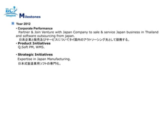 Milestones
Year 2012
• Corporate Performance
  Partner & Join Venture with Japan Company to sale & service Japan business in Thailand
and software outsourcing from japan.
  日系企業と販売及びサービスについてタイ国内のアウトソーシング先として提携する。
• Product Initiatives
  Q.Soft PM, WMS.

• Strategic Initiatives
  Expertise in Japan Manufacturing.
  日本式製造業用ソフトの専門化。
 