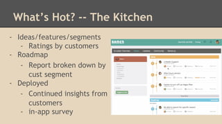 What’s Hot? -- The Kitchen 
- Ideas/features/segments 
- Ratings by customers 
- Roadmap 
- Report broken down by 
cust segment 
- Deployed 
- Continued insights from 
customers 
- in-app survey 
 