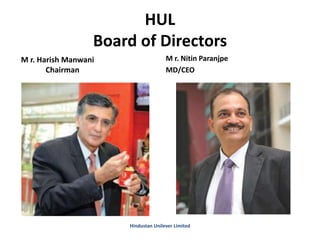 HUL
Board of Directors
M r. Harish Manwani
Chairman
M r. Nitin Paranjpe
MD/CEO
Hindustan Unilever Limited
 
