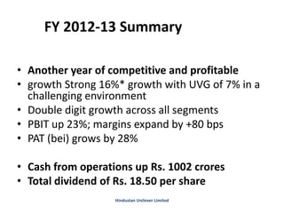 216 216
FY 2012-13 Summary 1621
4000
263 656
1884
• Another year of competitive and profitable
• growth Strong 16%* growth with UVG of 7% in a
challenging environment
• Double digit growth across all segments
• PBIT up 23%; margins expand by +80 bps
• PAT (bei) grows by 28%
• Cash from operations up Rs. 1002 crores
• Total dividend of Rs. 18.50 per share
Hindustan Unilever Limited
 